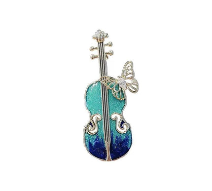 Van Hoef Teal Violin Brooch with Butterfly Accent