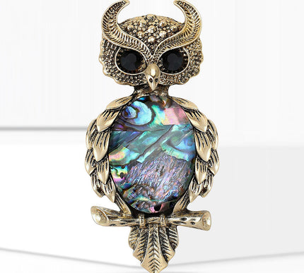 Van Hoef vintage brooch Gold owl design with colorful stone rhinestones and metal accents