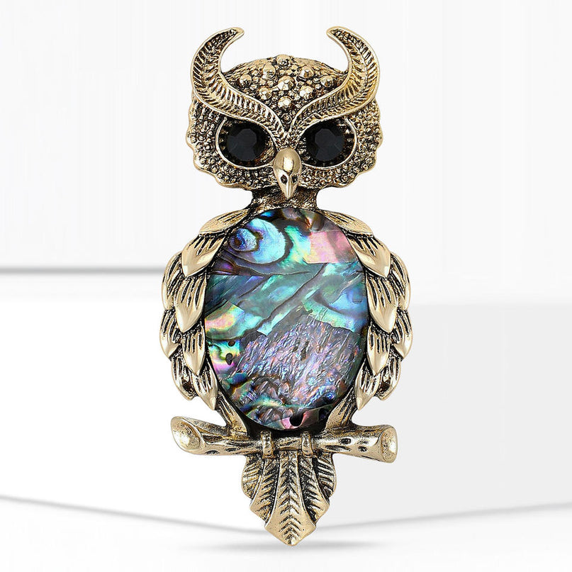 Van Hoef vintage brooch Gold owl design with colorful stone rhinestones and metal accents