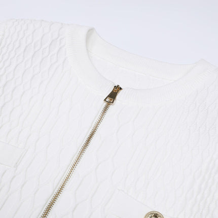 Van Hoef White Knit Jacket with Gold Zipper and Pocket Accents