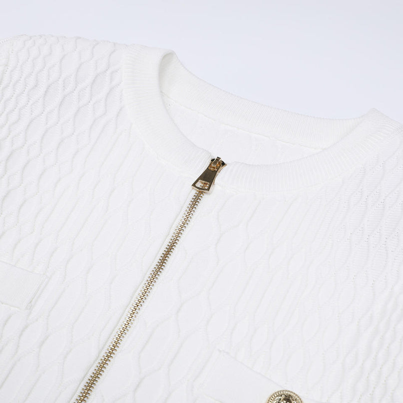 Van Hoef White Knit Jacket with Gold Zipper and Pocket Accents