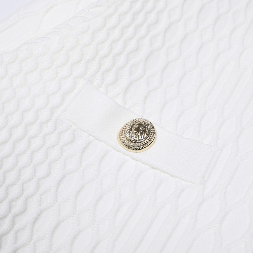 Van Hoef white knit jacket with gold-tone zipper and pocket accents