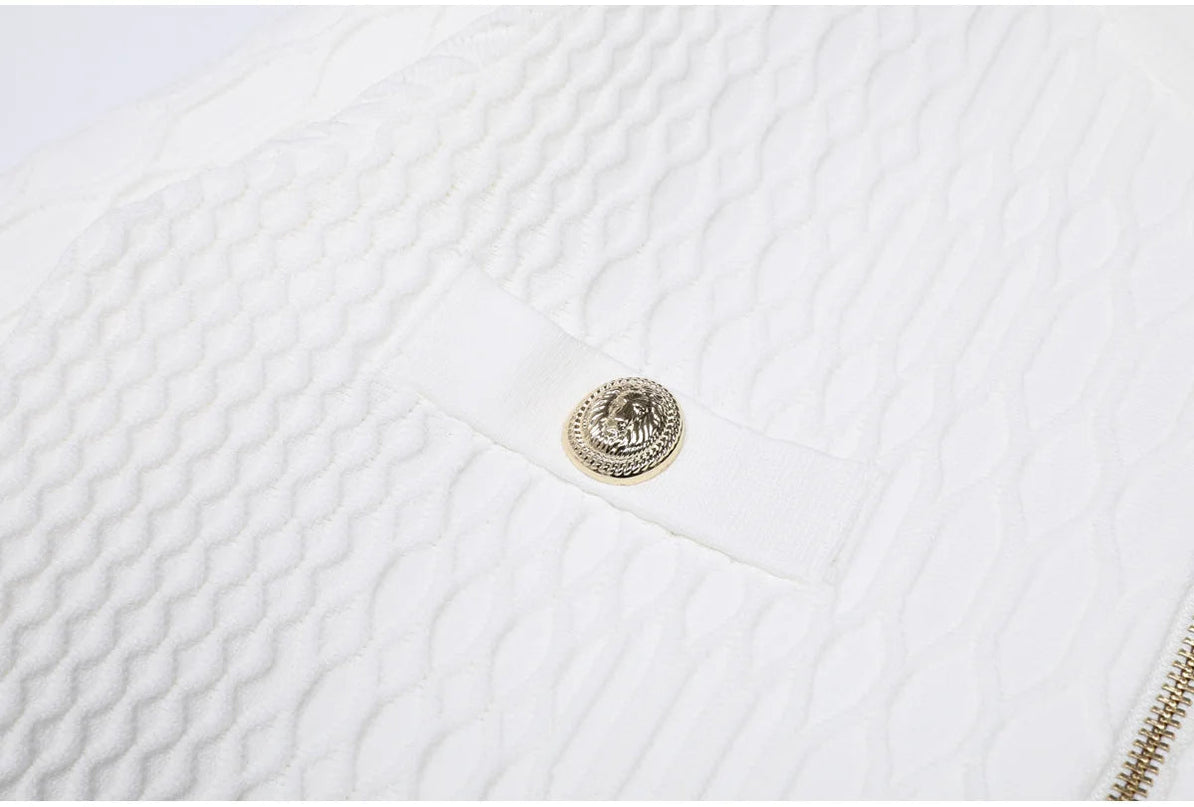 Van Hoef white knit jacket with gold zipper and pocket accents