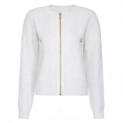 Van Hoef White Textured Knit Jacket with Gold Zipper and Pocket Accents