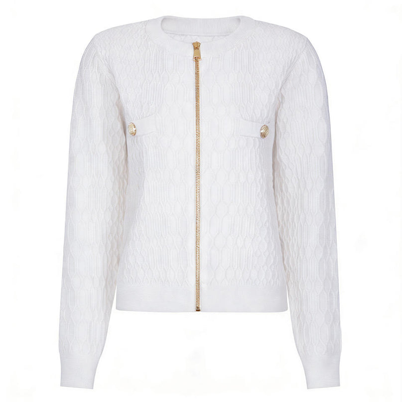 Van Hoef White Textured Knit Jacket with Gold Zipper and Pocket Accents