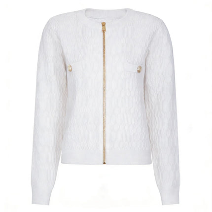 Van Hoef White Textured Knit Jacket with Gold Zipper and Decorative Pockets