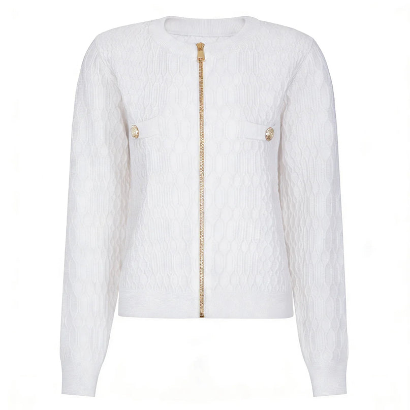 Van Hoef White Textured Knit Jacket with Gold Zipper and Decorative Pockets