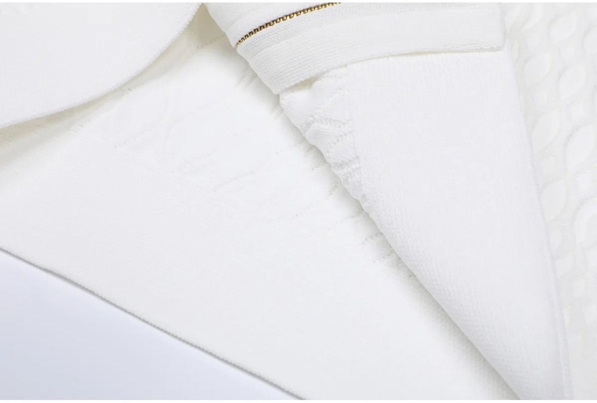 Van Hoef white textured knit jacket with gold zipper and pocket accents