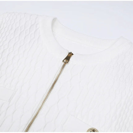 Van Hoef White Textured Knit Jacket with Gold Zipper and Pocket Accents