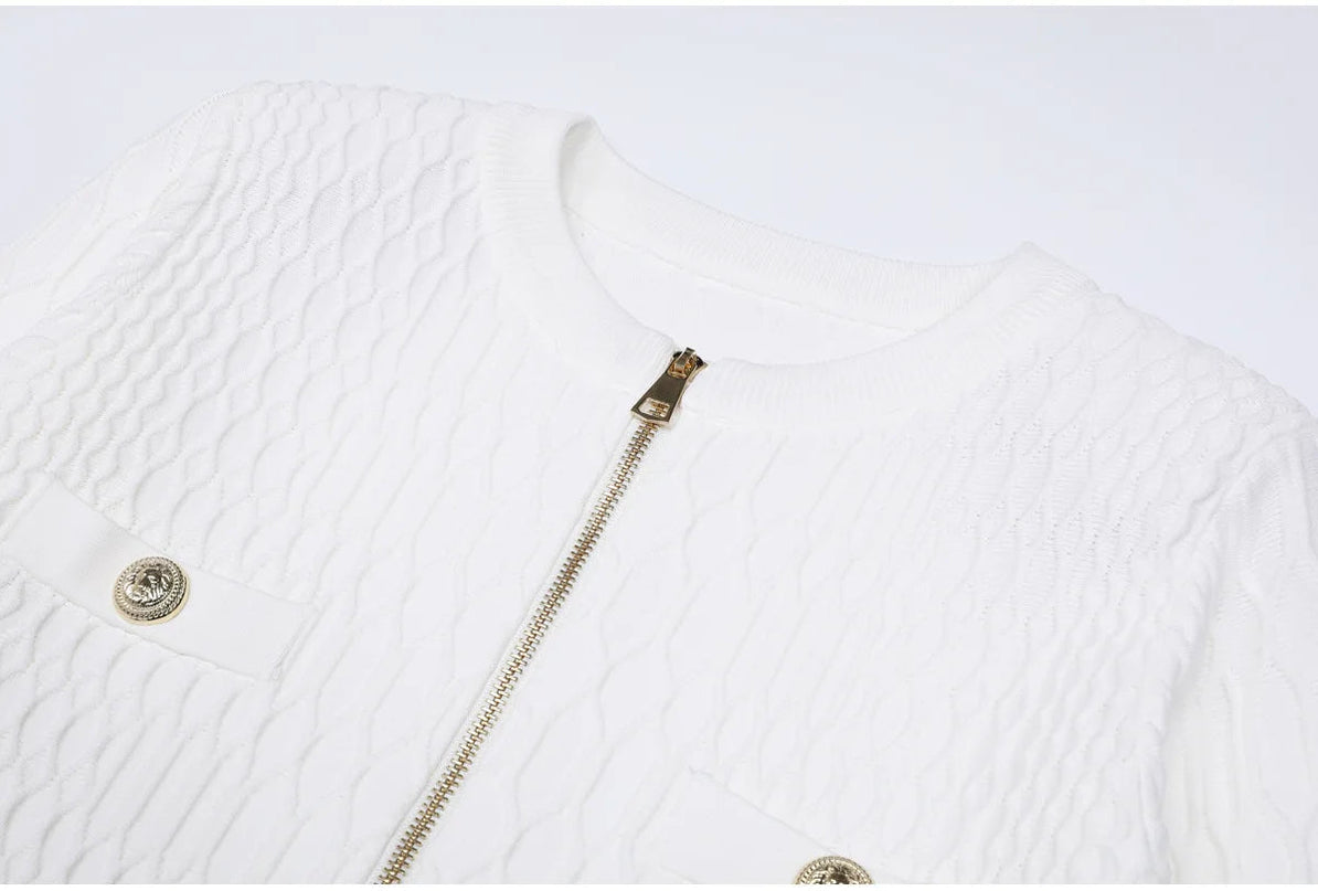 Van Hoef White Textured Knit Jacket with Gold Zipper and Pocket Accents