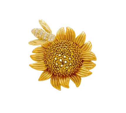 Van Hoef Yellow Sunflower Brooch with Insect Design and Diamonds