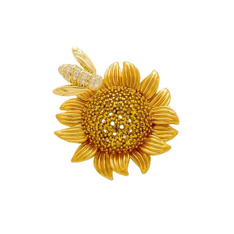 Van Hoef Yellow Sunflower Brooch with Insect Design and Diamonds
