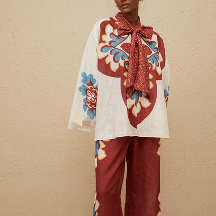 Vanessa Brown Graphic Print Hemp Co-ord Blouse Trousers Set
