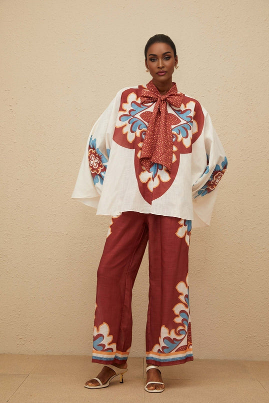 Vanessa Brown Multicolor Graphic Print Hemp Co-ord Blouse Trousers Set
