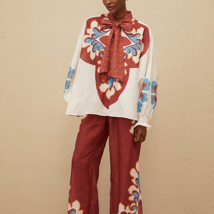 Vanessa Brown Multicolor Graphic Print Hemp Co-ord Blouse Trousers Set
