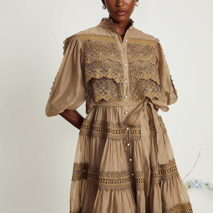 Vanessa Green Lace Mini Dress with Puff Sleeves and Cut-Out Design