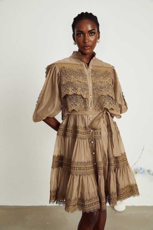 Vanessa Green Lace Mini Dress with Puff Sleeves and Cut-Out Design