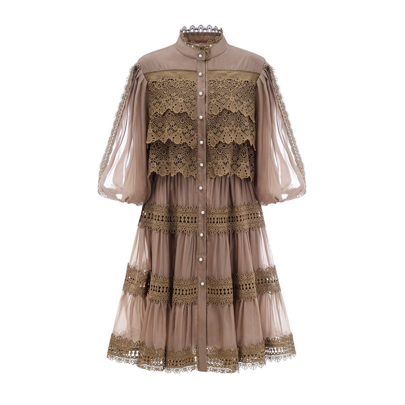 Vanessa Green Lace Mini Dress with Puff Sleeves and Cut-Out Design