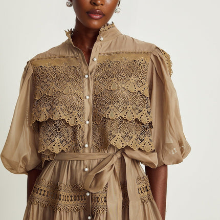 Vanessa Green Lace Mini Dress with Puff Sleeves and Cut-Out Design