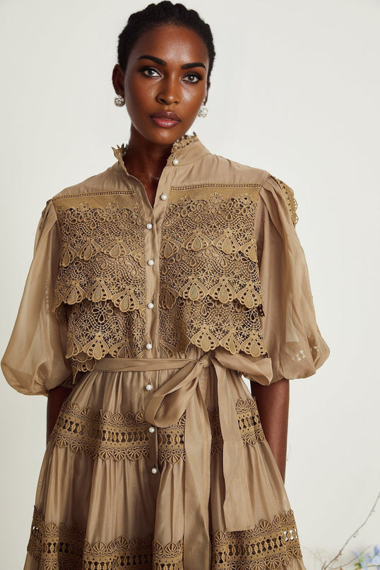 Vanessa Green Lace Mini Dress with Puff Sleeves and Cut-Out Design