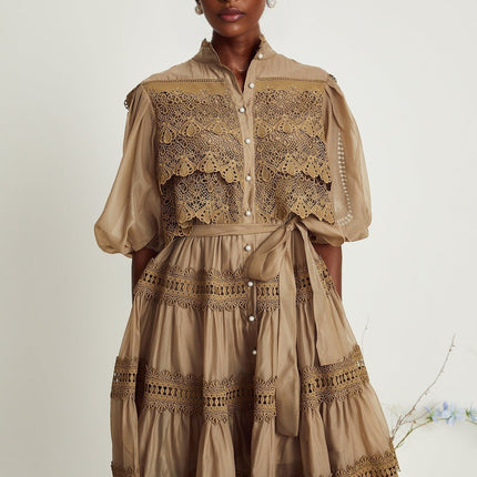 Vanessa Green Lace Mini Dress with Puff Sleeves and Cut-Out Design