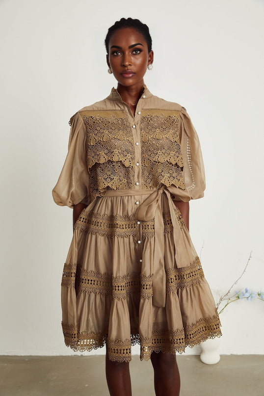 Vanessa Green Lace Mini Dress with Puff Sleeves and Cut-Out Design