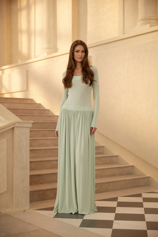 Vanessa Green Maxi Dress with Fitted Waistline and Open Back Design
