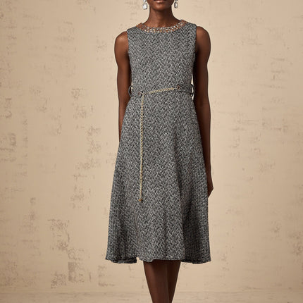 Vanessa Grey Crystal Chain Link Flared Waist Midi Dress