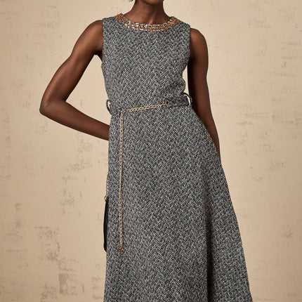 Vanessa Grey Crystal Embellished Midi Dress with Chain-Link Flared Waist
