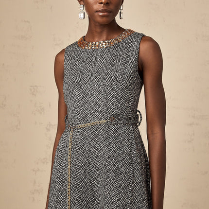 Vanessa Grey Crystal Embellished Midi Dress with Flared Waist