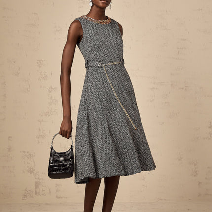 Vanessa Grey Crystal Embellished Midi Dress with Chain-Link Flared Waist