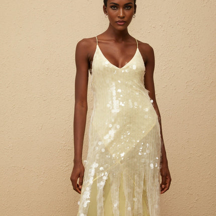 Vanessa Maxi Dress in Yellow Mesh Sequin Embellished Halterneck Gown with Open Back and Spaghetti Straps