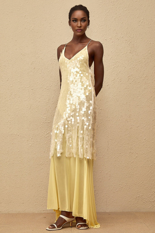 Vanessa Maxi Dress in Yellow Mesh Sequin Halterneck Gown
