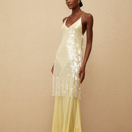 Vanessa Maxi Dress in Yellow Mesh Sequin Halterneck Gown