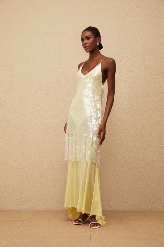 Vanessa Maxi Dress in Yellow Mesh Sequin Halterneck Gown