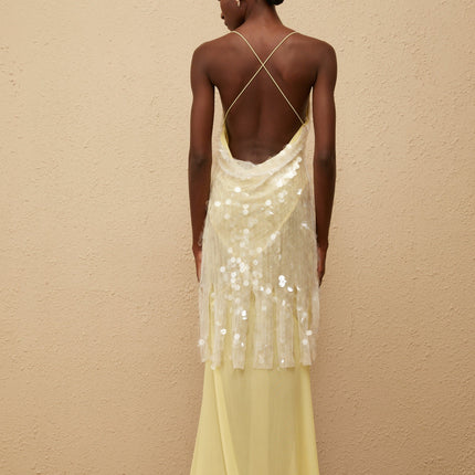 Vanessa Maxi Dress in Yellow Mesh Sequin Embellished Halterneck Gown