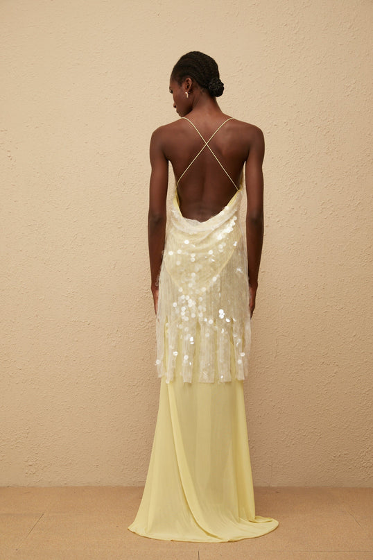 Vanessa Maxi Dress in Yellow Mesh Sequin Embellished Halterneck Gown