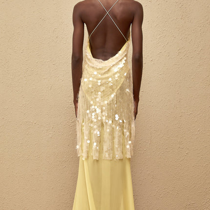 Vanessa Maxi Dress in Yellow Sequin Mesh Halterneck Gown with Open Back and Spaghetti Straps