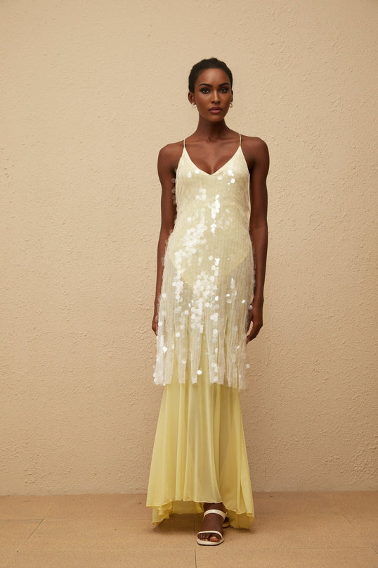 Vanessa Maxi Dress in Yellow Sequin Mesh Halterneck Gown with Open Back and Spaghetti Straps