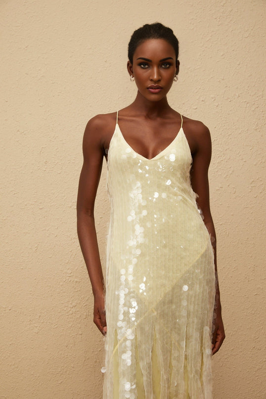 Vanessa Maxi Dress in Yellow Sequin Mesh Halterneck Gown with Open Back and Spaghetti Straps