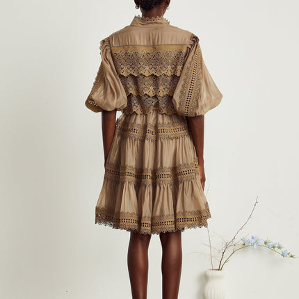 Vanessa Olive Green Lace Mini Dress with Puff Sleeves and Cut-Out Design