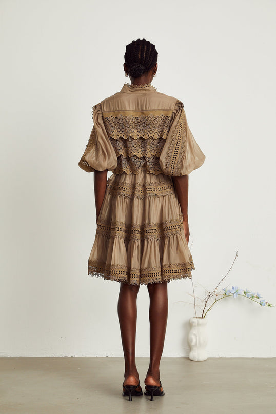 Vanessa Olive Green Lace Mini Dress with Puff Sleeves and Cut-Out Design
