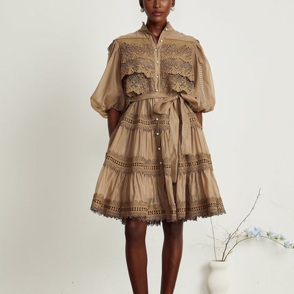 Vanessa Olive Green Lace Mini Dress with Mock Neck and Puff Sleeves