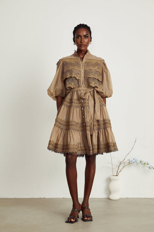 Vanessa Olive Green Lace Mini Dress with Mock Neck and Puff Sleeves
