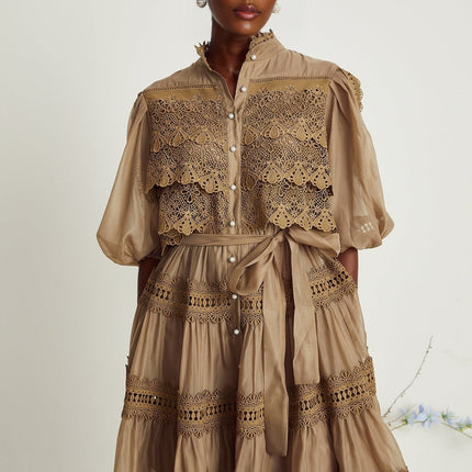 Vanessa Olive Green Lace Mini Dress with Mock Neck and Puff Sleeves