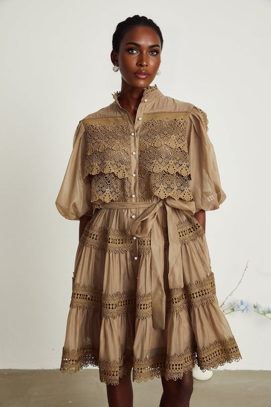 Vanessa Olive Green Lace Mini Dress with Mock Neck and Puff Sleeves