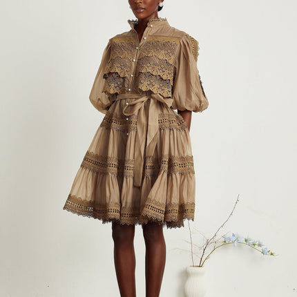 Vanessa Olive Green Lace Mini Dress with Mock Neck and Puff Sleeves
