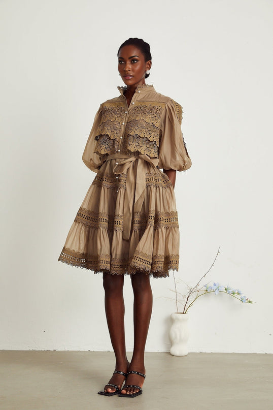 Vanessa Olive Green Lace Mini Dress with Mock Neck and Puff Sleeves