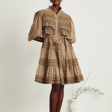 Vanessa Olive Green Lace Mini Dress with Puff Sleeves and Cut-Out Design