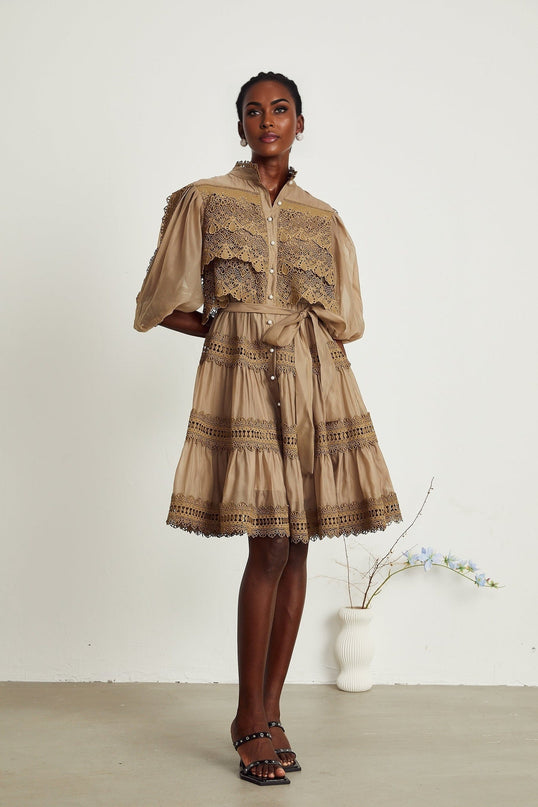Vanessa Olive Green Lace Mini Dress with Puff Sleeves and Cut-Out Design